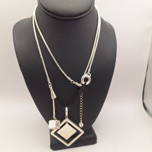 Howard Silvertone Black Snake Chain Square Pendant Necklace 34" + 2.5"
